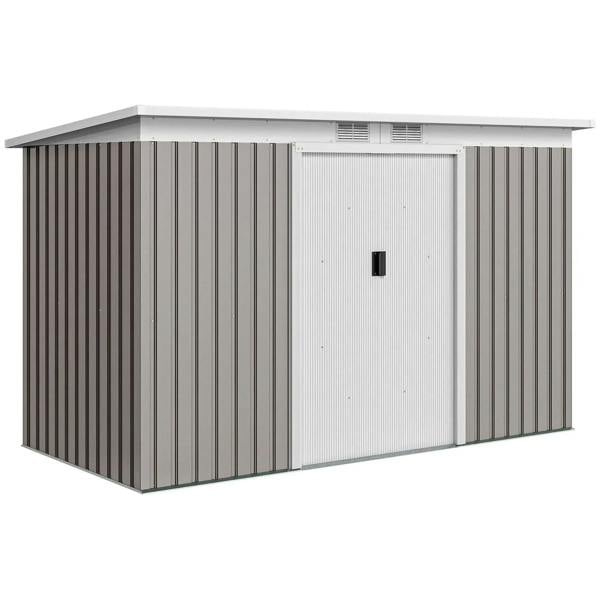 Light grey corrugated metal storage shed with sliding door front panel
