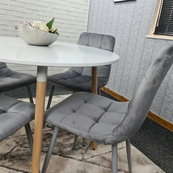 Kosy Koala Dining Table and 4 Chairs  White Round Wood Table 4 Grey Velvet Chairs Dining Room Furniture