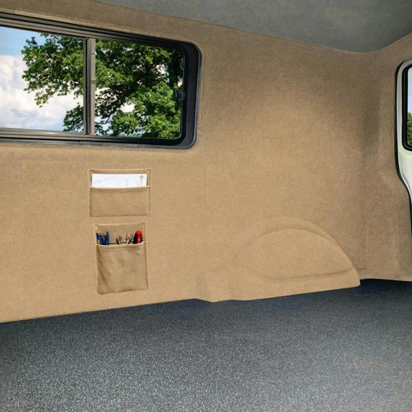 Beige storage pouches with multiple pockets displayed in a vehicle interior, featuring a soft texture and practical design for organization