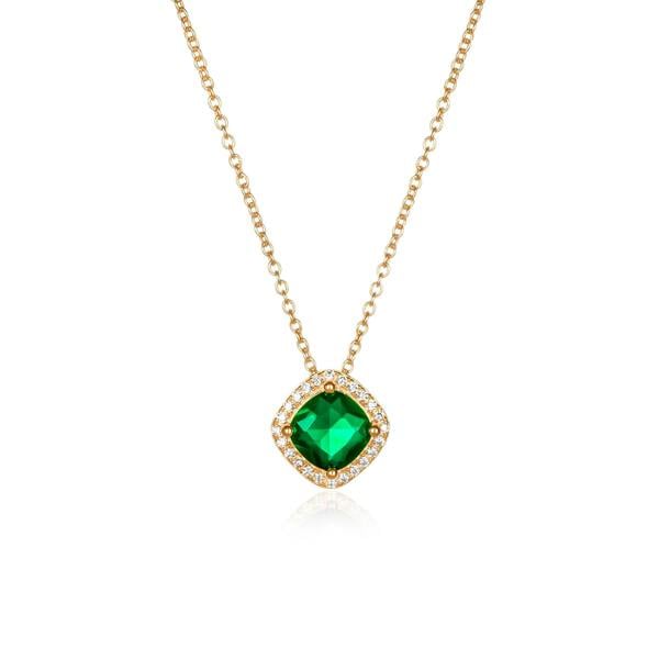 namana Gold Plated Sterling Silver Green Cubic Zirconia Cushion Halo Pendant Necklace