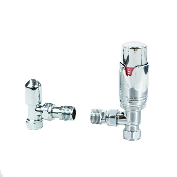 Chrome thermostatic radiator valves featuring a sleek, shiny finish, compact design, and adjustable temperature control for efficient heating