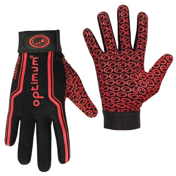 Pair of black and red Optimum grip gloves, back with wrist strap and patterned grip palm on white - Optimum