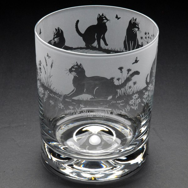 Glyptic Glass Art Meadow Cats Whiskey Tumbler Glass - Hand Etched/Engraved Gift