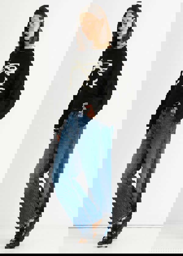 Gini London Black Embossed Contrast Bow Short Knit Jumper