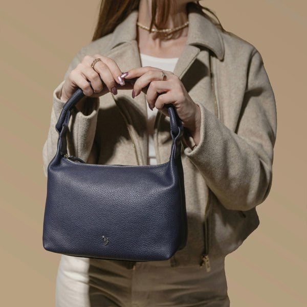 Assots London 'CITY BAG' Navy Soft Pebble Grain Real Leather Shoulder Bag