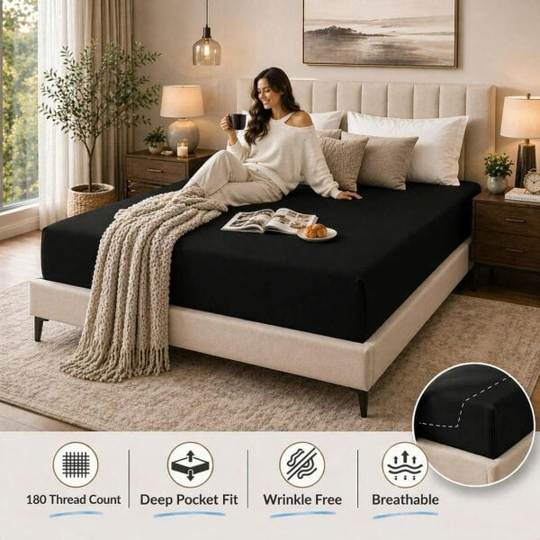 Night Zone 180 Thread Count Percale Fitted Sheet 25cm Deep – Polycotton Easy Care Bed Sheet