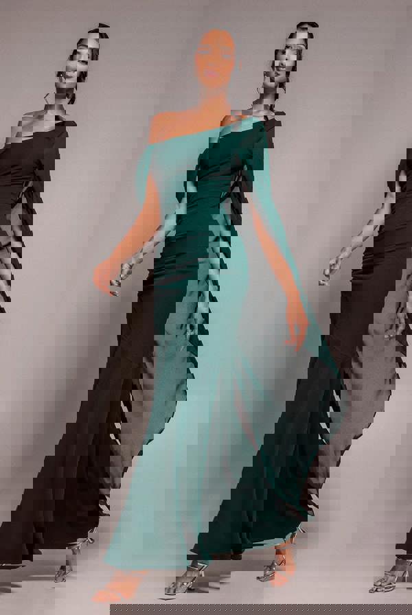 One Shoulder Cape Scuba & Chiffon Maxi Dress - Emerald Green DR4899