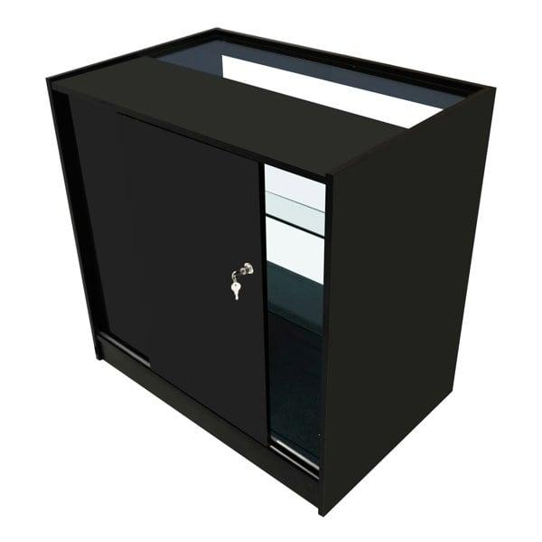 Aries LED Shop Counter Set in sleek black, featuring a glass top, sliding door, and interior shelves for organized display