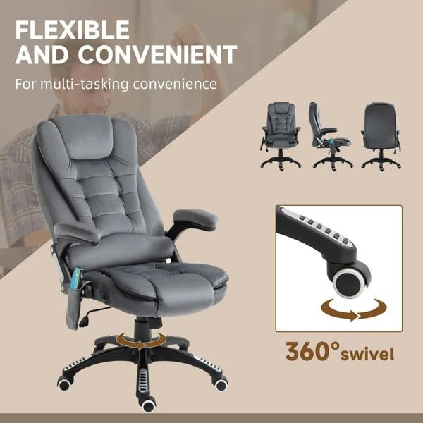 Grey massage recliner office chair with 360° swivel base and cushioned armrests