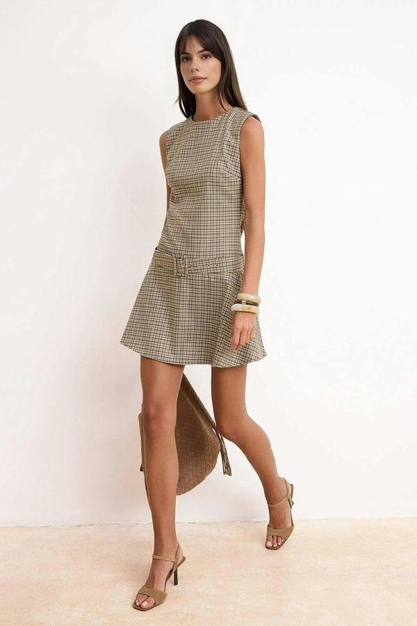 WOVCOR Belt Detail Plaid Mini Woven Dress