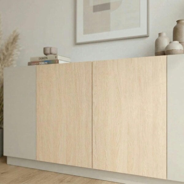 Decortie Victor Console Sideboard 4 Doors Sandstone Sonoma Oak White 170 x 42.1 x 80.3 cm (Sandstone and Sonoma Oak and White)