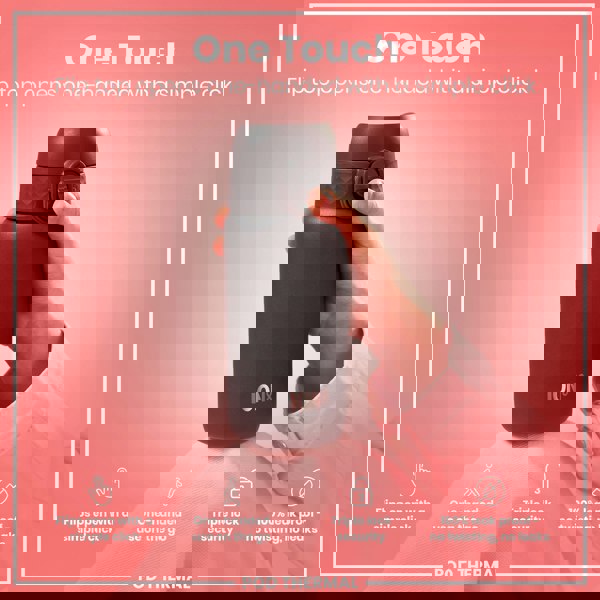 A dark-grey ION8 water bottle is held; its flip-top opens with a single click. A hand holds the bottle against a pink background; text highlights its one-handed operation, triple lock security, and leak-proof design. POD THERMAL is also shown.