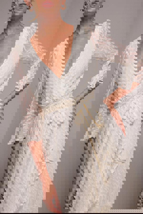 Chiffon Geo-Wave Front Frill Wrap Midi Dress - Cream DR4411