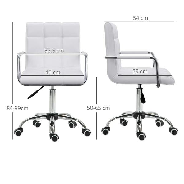 White mid-back office chair size diagram showing armrest and seat dimensions