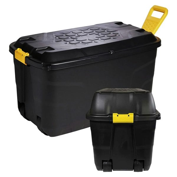 1 x Heavy Duty Black Storage Trunk 110 Litre With Lid & Wheels Great For Indoor & Outdoor Use