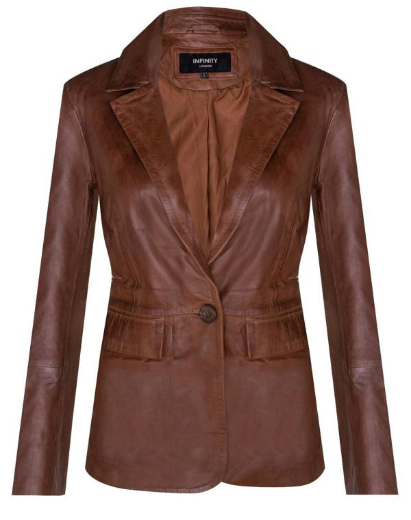 Womens One Button Leather Blazer Jacket-Newhaven - Upperclass Fashions 