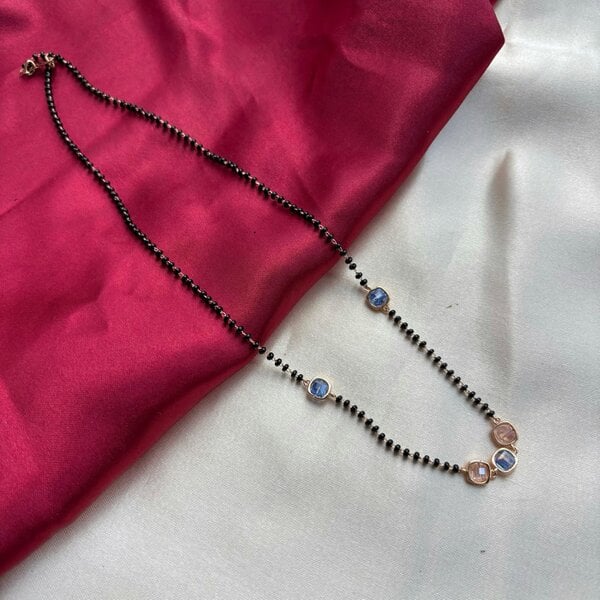 The Colourful Aura Black bead 18ct gold plated blue stone slim mangalsutra Pendant Necklace