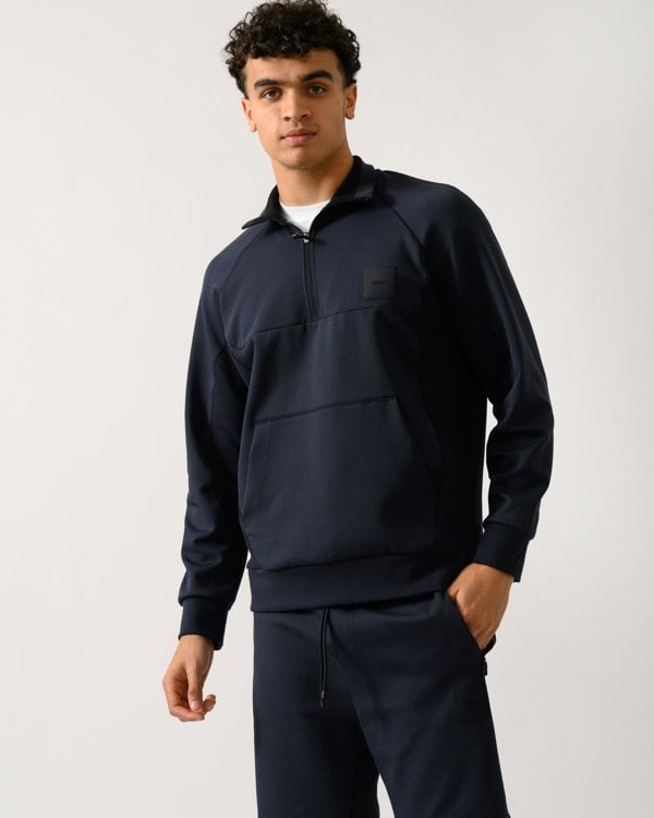 BOSS Green Sweat Rib Mens Half Zip Sweatshirt - Dark Blue 402 - CHO - Designer Mens Sweatshirts