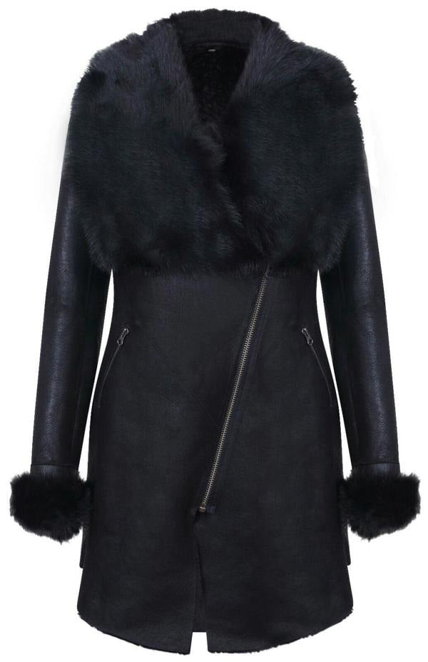 Infinity Leather Womens Black Merino Shearling Coat with Toscana Collar-Fortaleza
