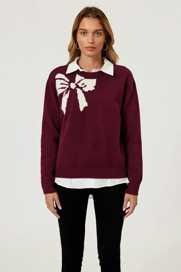 FS Collection Bowknot Pattern On Shoulder Knit Jumper Top In Wine