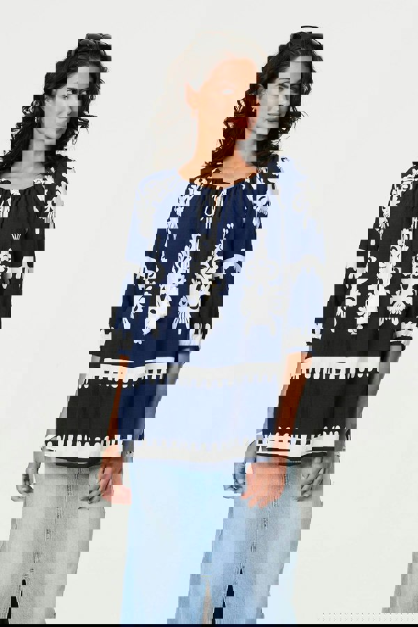 Navy | Ikat Print Tassel Tie Neck Blouse
