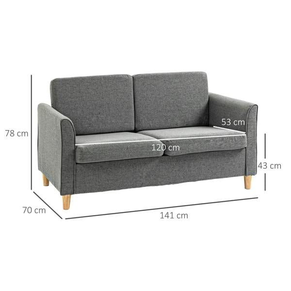Grey loveseat sofa with armrests and two back cushions; compact 2-seater design