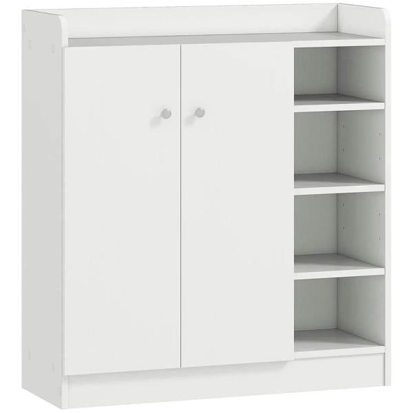 White shoe storage cabinet with 2 doors and adjustable shelving, open side view.