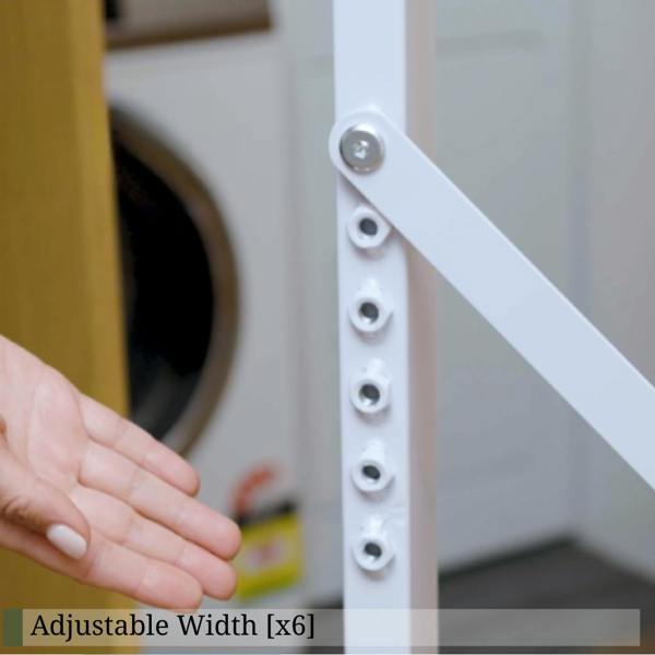 Close-up of the DryerStand Adjustable six-position width adjustment on the white steel frame