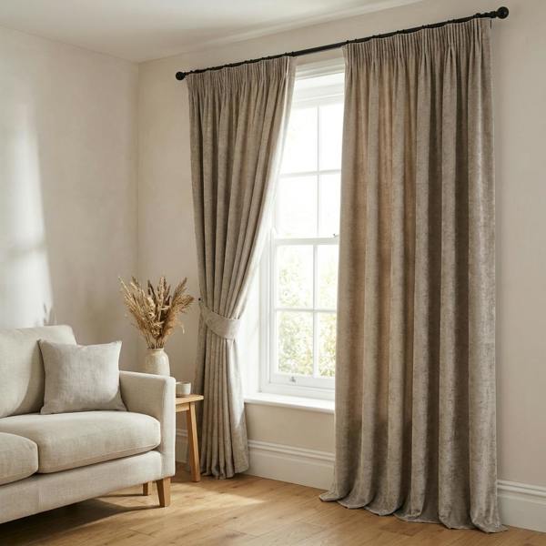 Castello made-to-measure curtains in Mink, styled in a living room