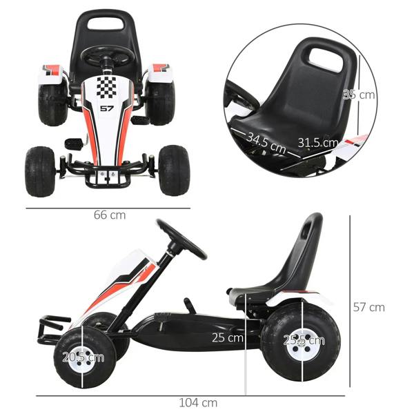 White and black kids pedal go-kart with bucket seat and steering wheel, front and side view