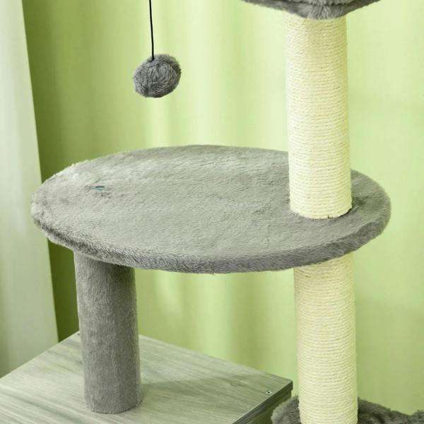 Grey plush top perch and vertical scratching post on enclosed cat litter box tower