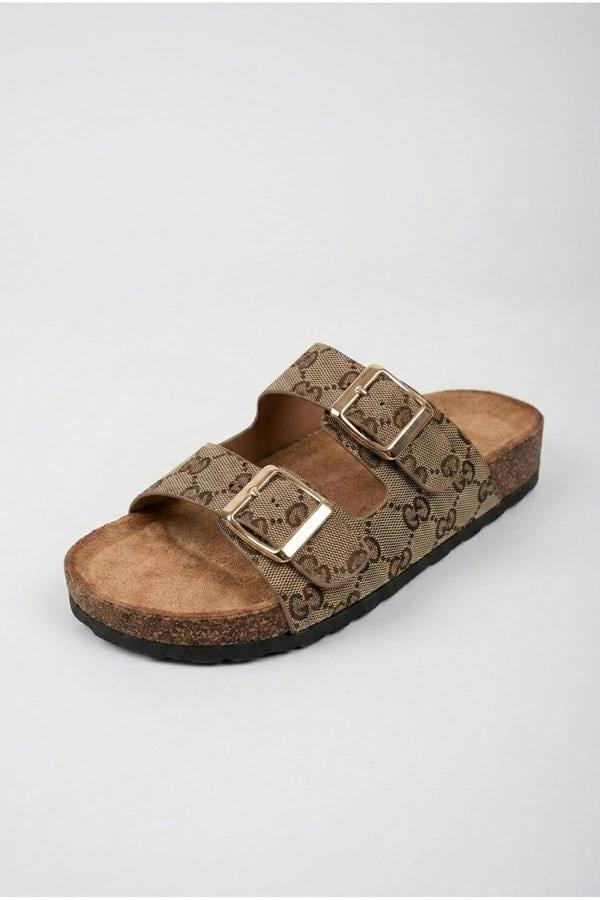 Tamsin Double Buckle Monogram Print Sliders - Khaki