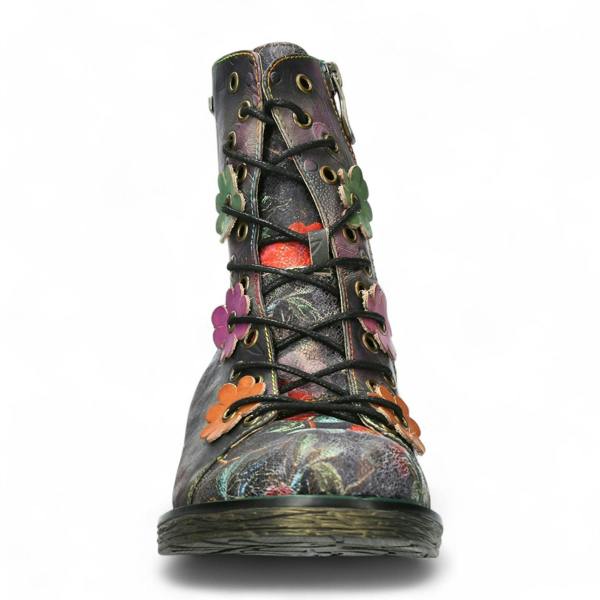 Laura Vita Ercnaulto 212 Grey Floral Womens Gothic Victorian Leather Lace-Up Ankle Heeled Boots