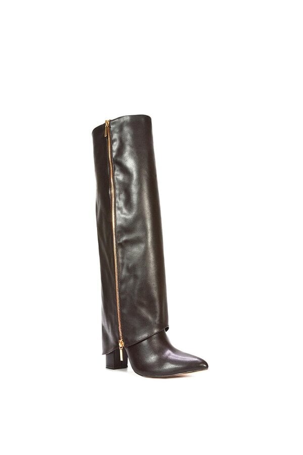 XY LONDON Knee High Boots Fold Over Point Toe Deco Zip