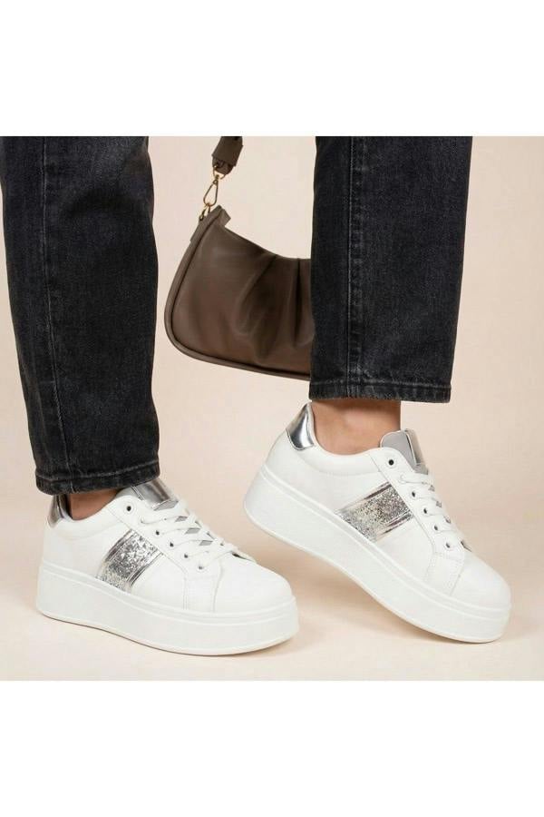 Malina Chunky Platform Glitter Detail Trainers - Silver