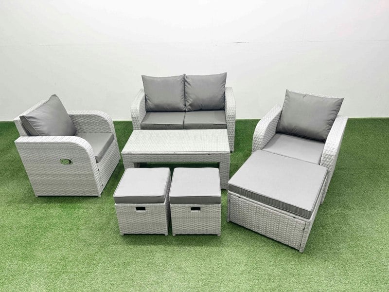 Fimous Light Grey PE Wicker Rattan Garden Furniture Set Sofa Set Reclining Adjustable Chair Oblong Coffee Table 7 Seater 3  Stools