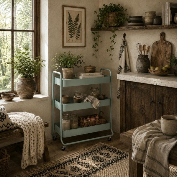 Wyld Haus Nokeyo Metal Light Green 3 Tier Rolling Utility Trolley With Mesh Baskets