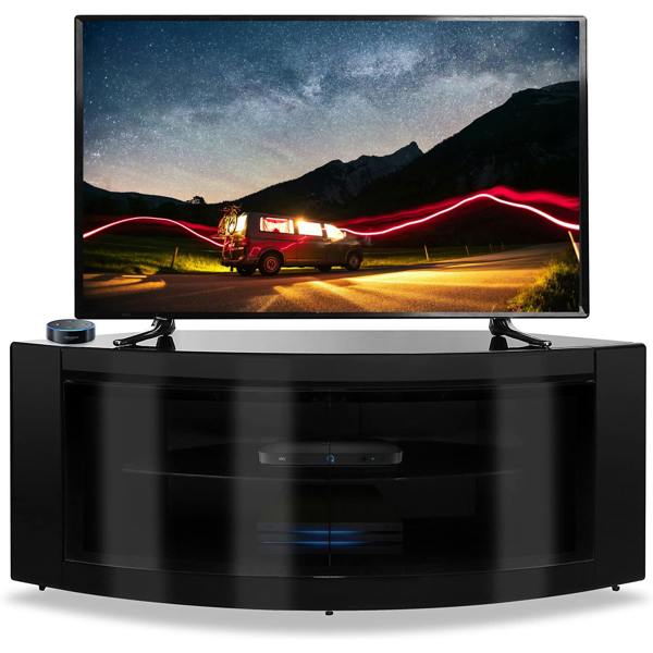 Homeology PANGEA Gloss Black Beam-Thru Glass Doors Curved Unit Tru-Corner 32"-50" TV Cabinet