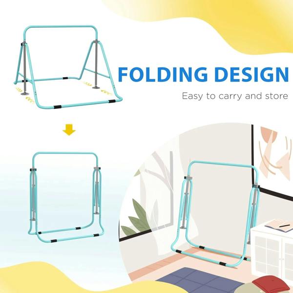 Light blue kids gymnastic bar showing folding design with easy-to-store frame and horizontal bar