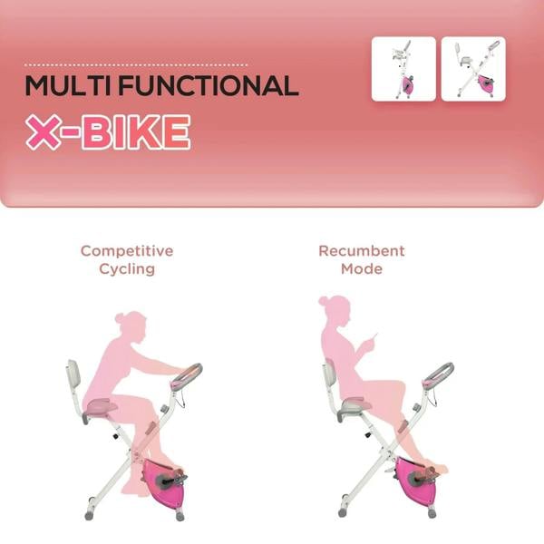 Folding X-bike with multiple riding positions and pink flywheel