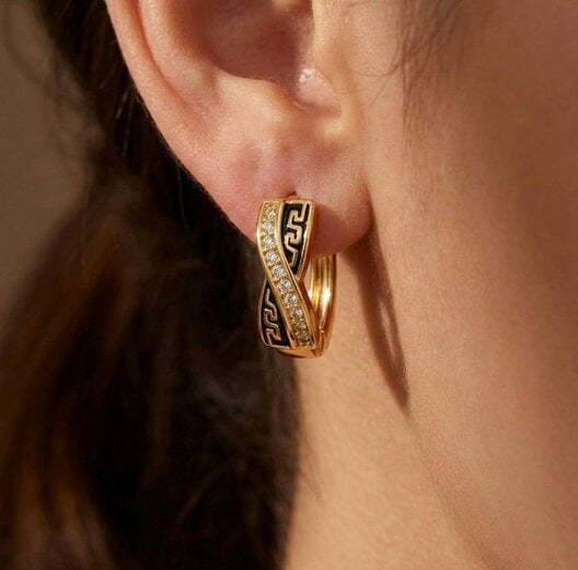The Colourful Aura Gold Greek Key Crossover Crystal Huggie Hoop Earrings | 1cm Brass Hoops