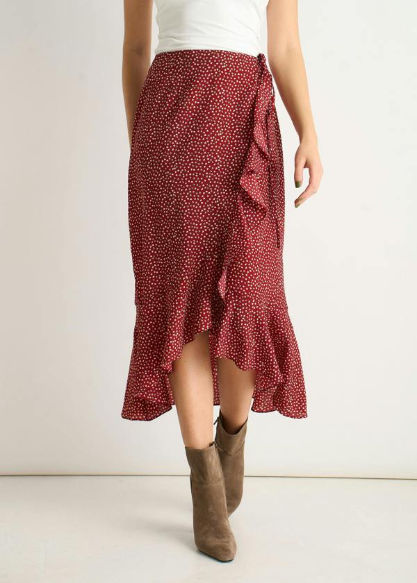 Gini London Red Polka Dot Ruffle Midi Skirt