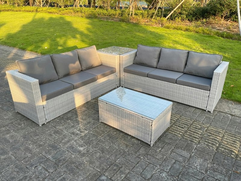 Fimous Rattan Outdoor Garden Furniture Set with Corner Sofa, Coffee Table & Side Table - 6 Seater - Light Grey