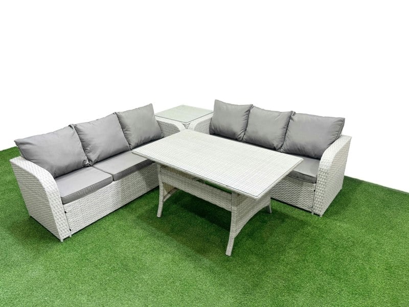 Fimous 6-Seater Light Grey Rattan Outdoor Dining Set | Rectangular Table, High Back Lounge Sofa, Side Table