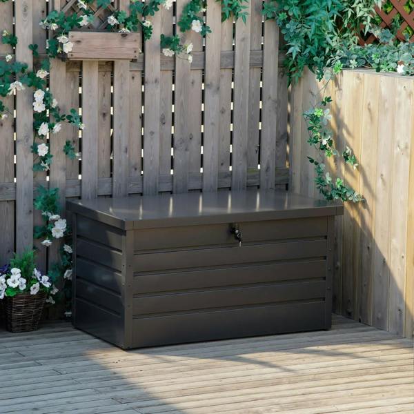 Dark grey steel garden storage box with closed hinged lid