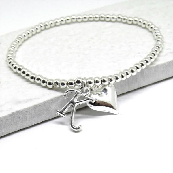 Aye Do Gifts Personalised Silver Initial & Heart Charm Beaded Stretch Bracelet