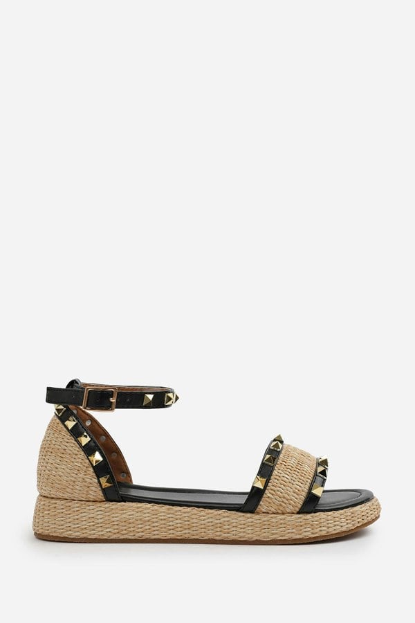 Where's That From Aviva Wide Fit Studded Gladiator Braided Strap Espadrille Flatform  in Black Faux Leather