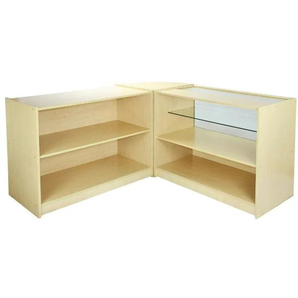 Draco A1200, C1200, CM60 Maple corner display unit with light maple finish, glass shelves, and open storage compartments