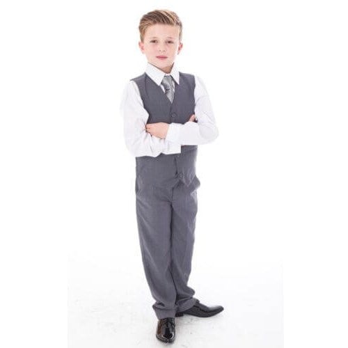 boy wearing mid grey 4 piece suit