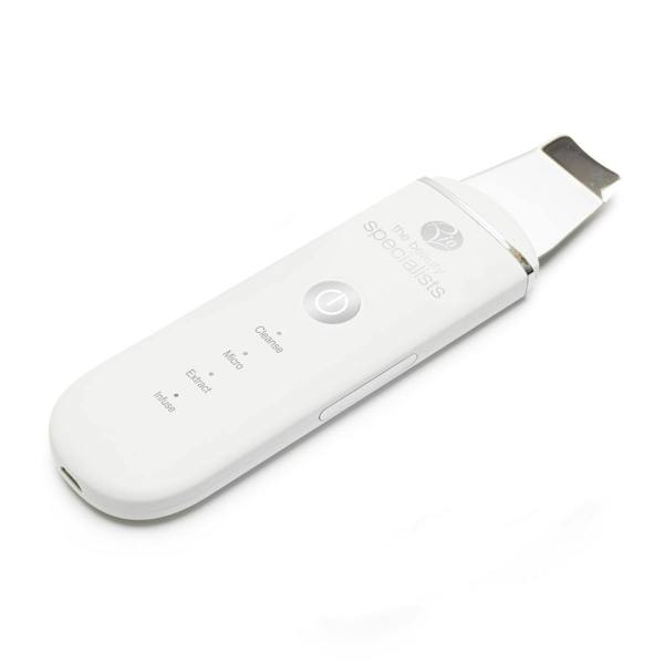 The Rio Ultrasonic Skin Cleanser is a white handheld device with a flat metal spatula tip and labeled buttons for cleanse, exfoliate, moisturize, lift, and extract modes, promoting effective skin cleansing and a refreshed complexion.